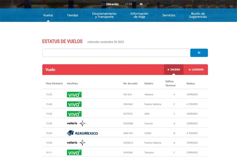 imagen recuadro Una captura de pantalla del sitio web del Aeropuerto de Monterrey donde se puede ver en tiempo real el estatus de los vuelos. Foto: aeropuertomonterrey.oma.aero/