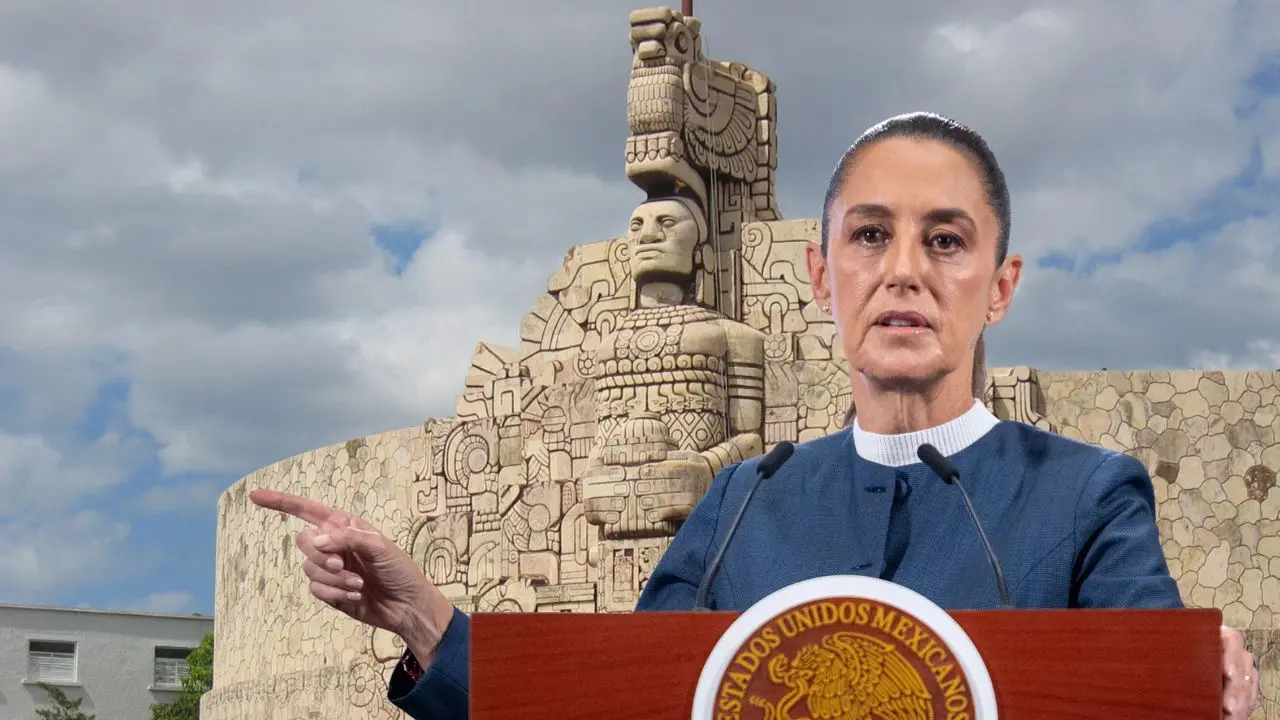 Al fondo, el Monumento a la Patria, escultura emblema de la ciudad de Mérida. Al frente, la presidenta Claudia Sheinbaum en su conferencia mañanera.- Fuente Gobierno de México y Canva