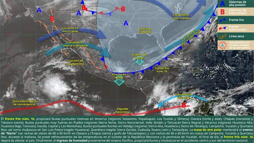 imagen recuadro Mapa del Servicio Meteorológico Nacional que muestra el avance del Frente Frío 16 y la masa de aire polar sobre gran parte del país. Foto: CONAGUA