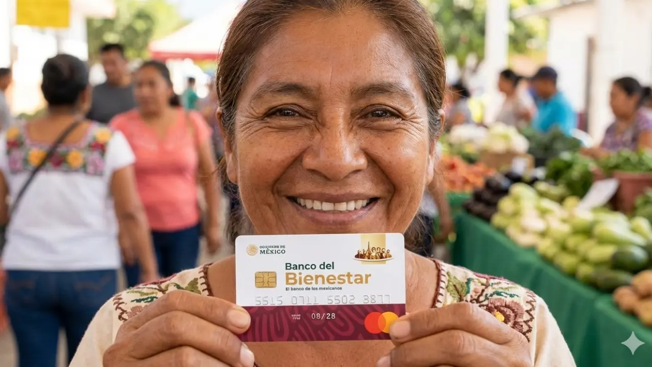 Mujer sosteniendo una tarjeta del Banco del Bienestar del Gobierno del Estado de México | Gemini IA