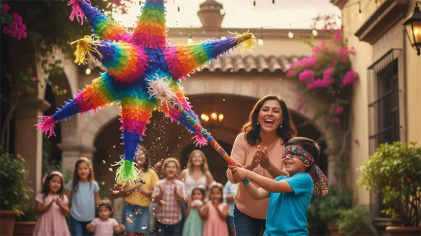 Niño con los ojos vendados rompiendo una piñata | Gemini IA