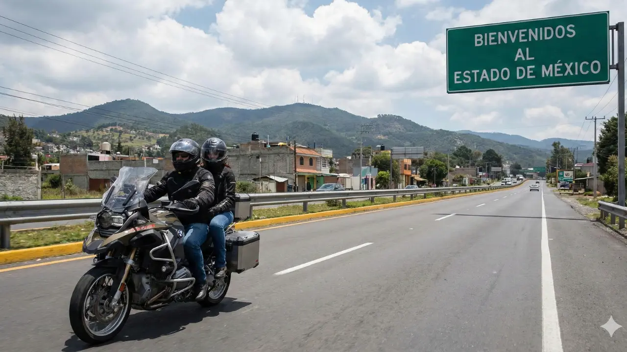 Personas en motocicleta, y señalización de entrada al Estado de México por nuevo reglamento de tránsito | Gemini IA