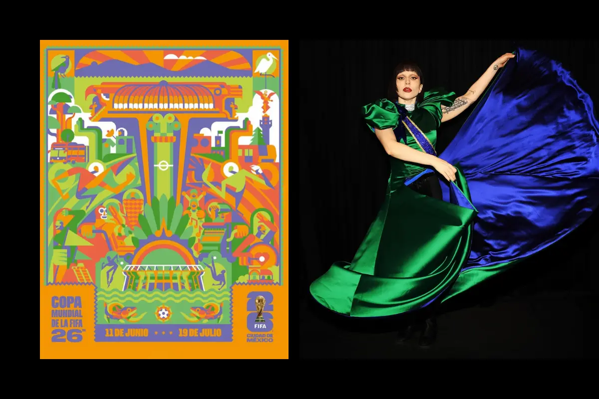 Cartel oficial del Mundial 2026 en CDMX, con Lady Gaga bailando con vestido verde a un costado (Foto: IG @ladygaga, @mexicocity26_ / Canva)