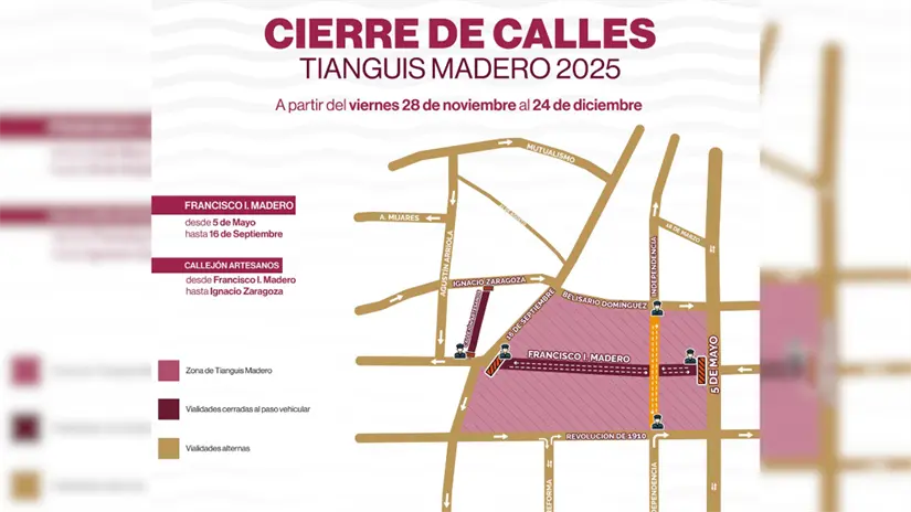imagen recuadro Mapa oficial del cierre de vialidades por el Tianguis Madero 2025 en el Centro Histórico de La Paz. Foto: Dirección de Seguridad y Tránsito Municipal de La Paz