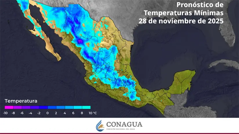 imagen recuadro Pronóstico oficial de temperaturas mínimas para México del 28 de noviembre de 2025, publicado por la Comisión Nacional del Agua. Foto: CONAGUA