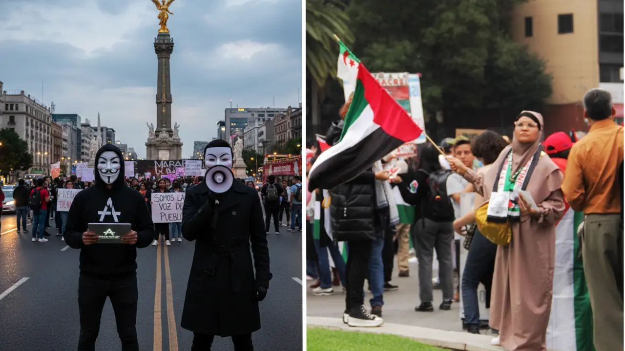 Concentración del grupo Anonymous for the Voiceless y marcha por la Solidaridad con Palestina en CDMX | Gemini IA | Foto: Ximena Vargas | Canva Pro