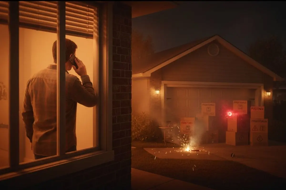 En Nuevo León, el almacenamiento ilegal de pirotecnia en casas, cocheras o bodegas improvisadas se ha convertido en un riesgo. Foto: Imagen creada por IA