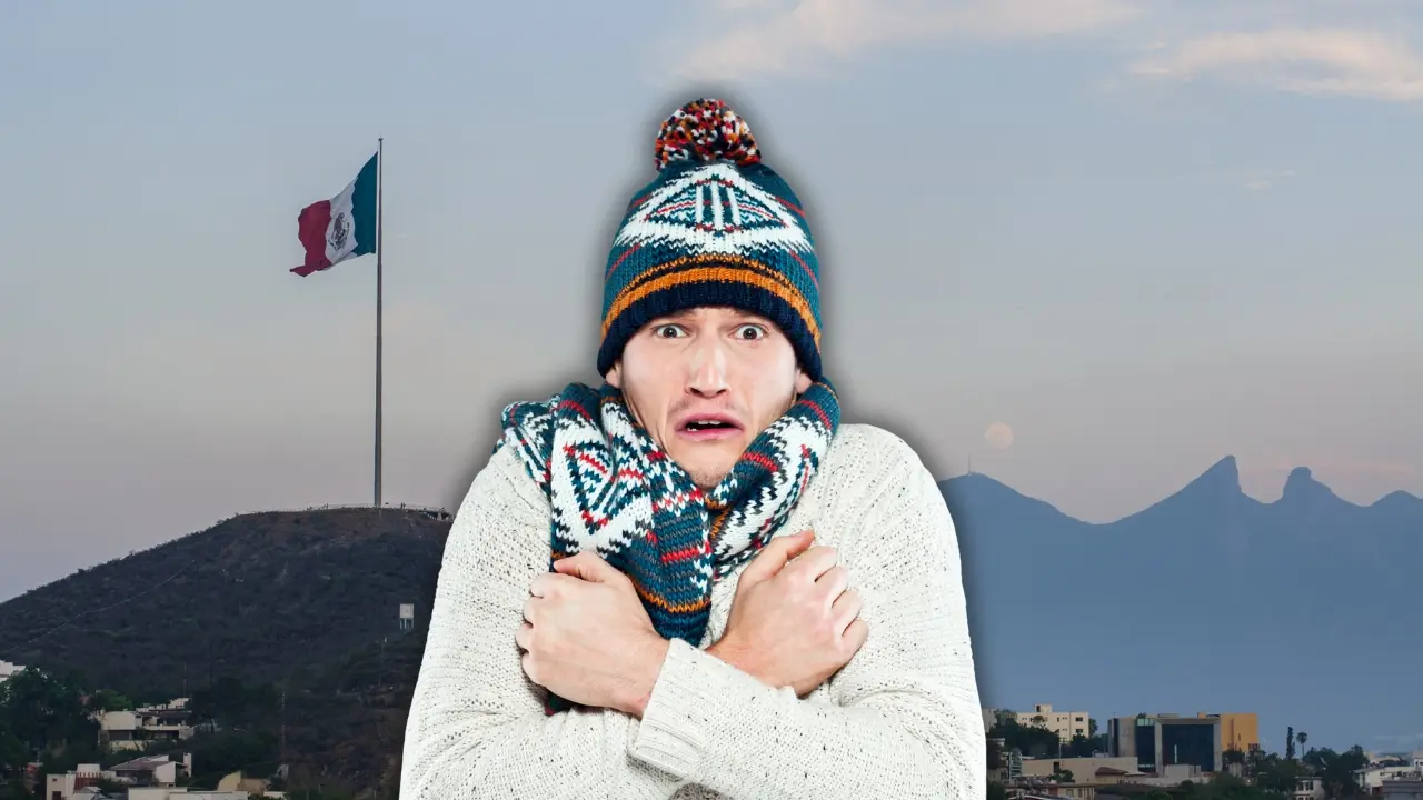 Un hombre con señal de frío y el cerro de la Silla. Foto: Canva