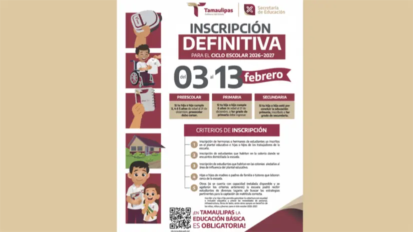 Inscripciones definitivas para nivel de preescolar, primar y secundaria ciclo escolar 2026-2027 | Foto: SET