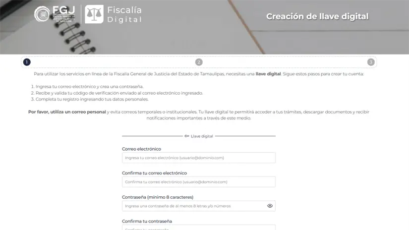 Primero debes de crear la llave digital en el portal de la Fiscalía Digital | Foto: Captura de pantalla Fiscalía Digital