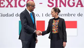 Claudia Sheinbaum y presidente de Singapur firman acuerdos ambientales y de desarrollo en Palacio Nacional