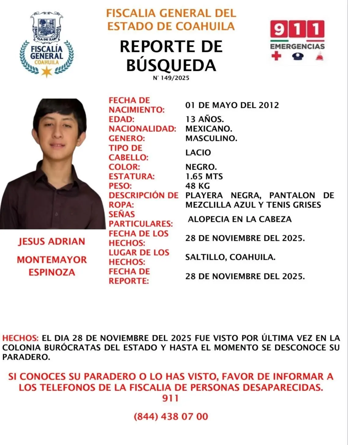 Ficha de búsqueda del menor perdido en Saltillo / Foto: FGE Coahuila