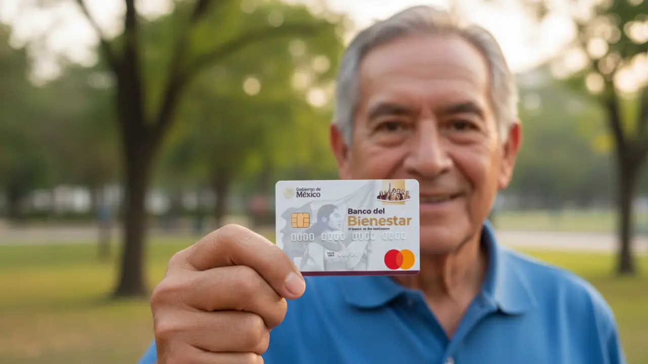 Hombre con tarjeta del Bienestar por Pensión Hombres Bienestar 2026 | Gemini IA