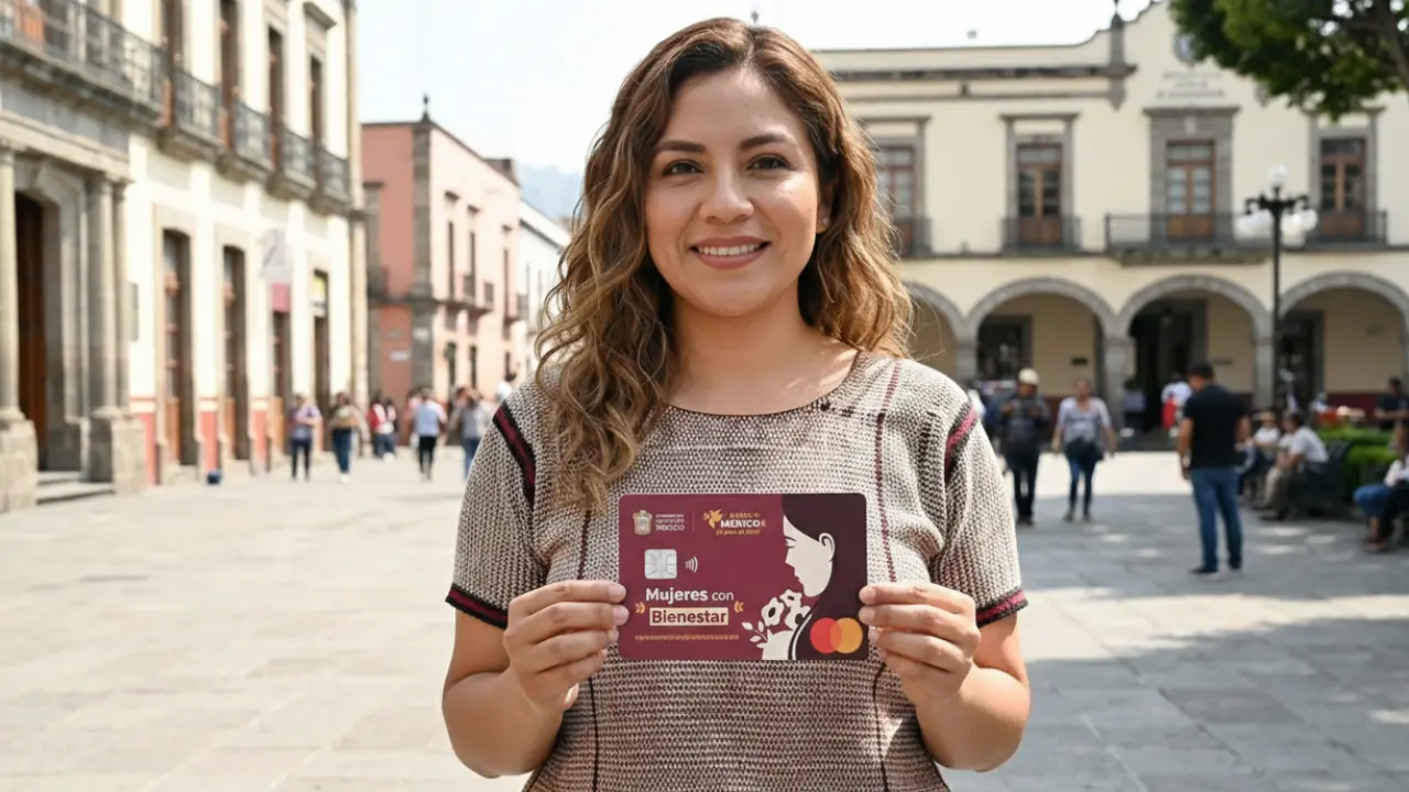 Mujer en Edomex sosteniendo una tarjeta de Mujeres con Bienestar por posibles bajas en diciembre | Gemini IA