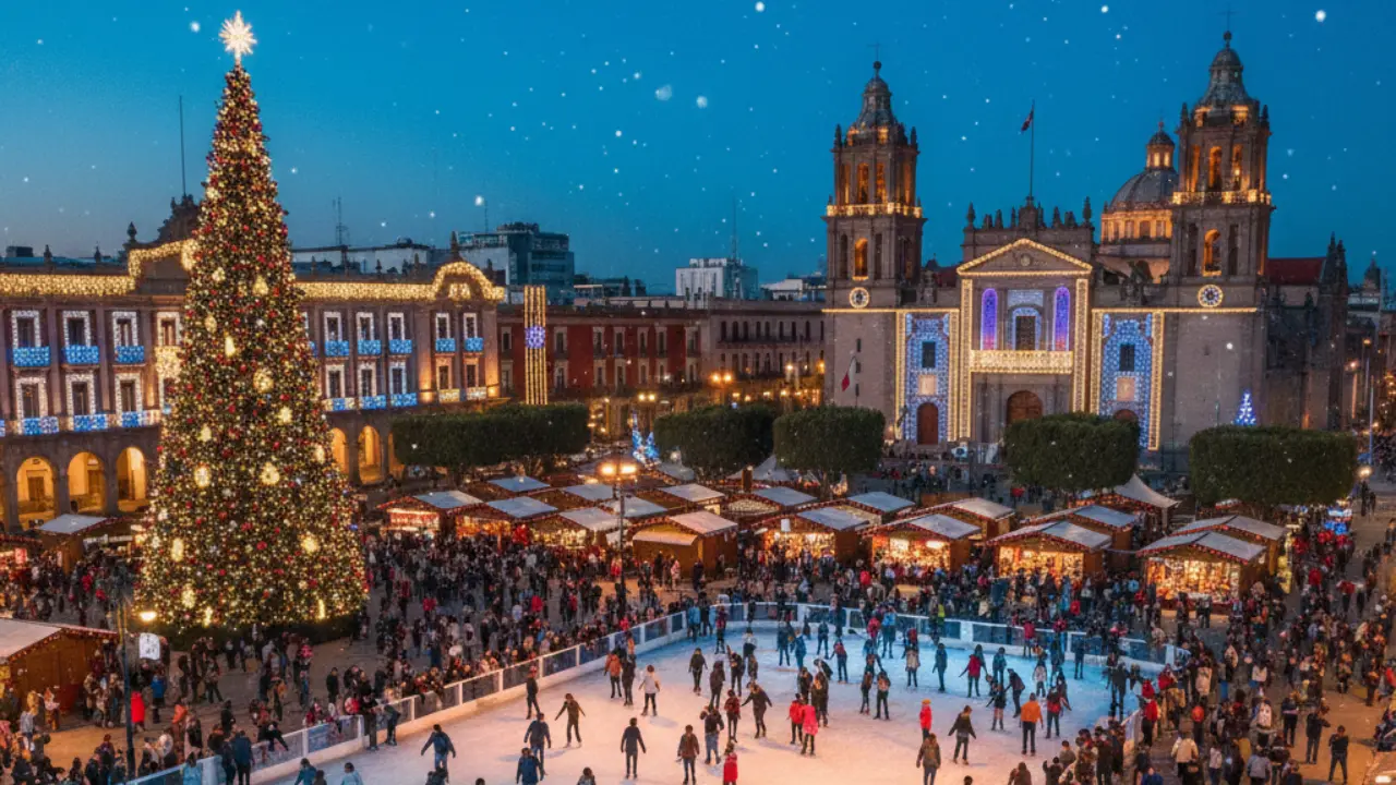 Imagen alusiva a Toluca con pista de hielo y árbol navideño por navidad | Gemini IA