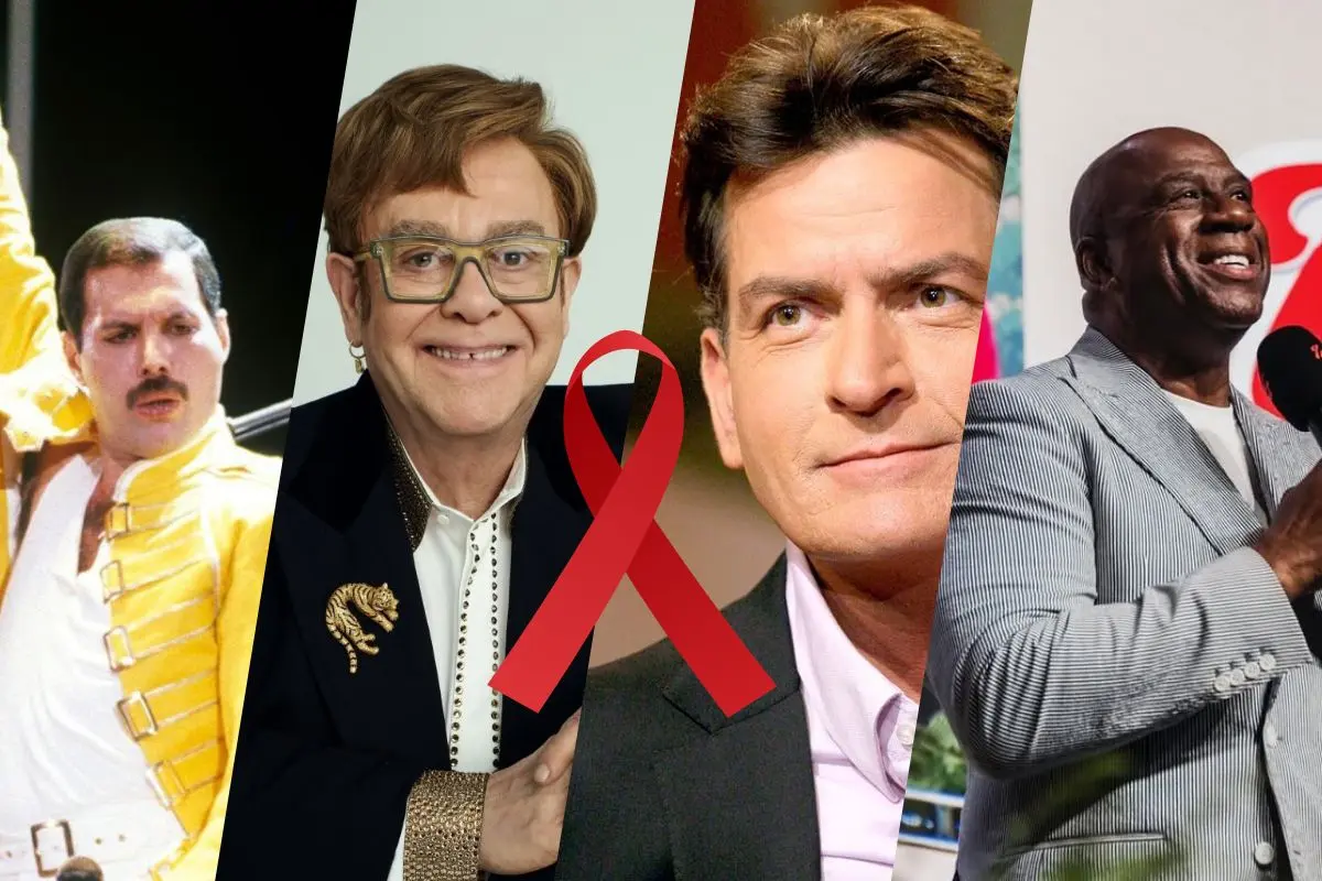 Celebridades como Freddy Mercury, Elton John y Charlie Sheen han aportado sus recursos al estudio del SIDA. FOTO: CANVA/IG: @spinmag,eltonjohn,charliesheen y magicjohnson