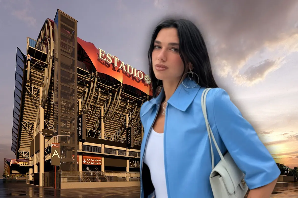 Dua Lipa posando para la fotografía con el Estadio GNP de fondo (Foto: IG @dualipa / Web, prensaocesa.prowly.com / Canva)