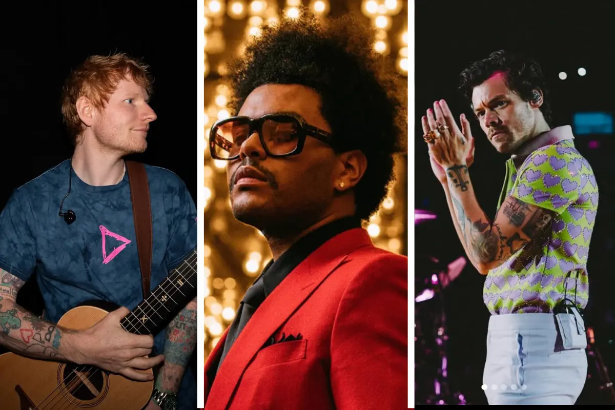 Foto de Harry Styles en concierto, Ed Sheeran tocando y la portada de “Blinding Lights” de The Weeknd (Foto: IG @harrystyles, @harrystyles, @theweeknd / Canva)