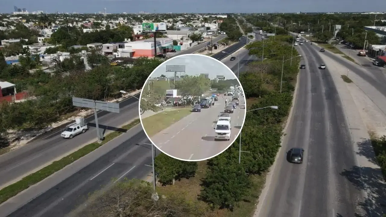 Al fondo, aspecto de un tramo del Periférico de Mérida. En el centro, imagen del accidente que motivó al cierre parcial de esa importante vía.- Fuente SSP Yucatán