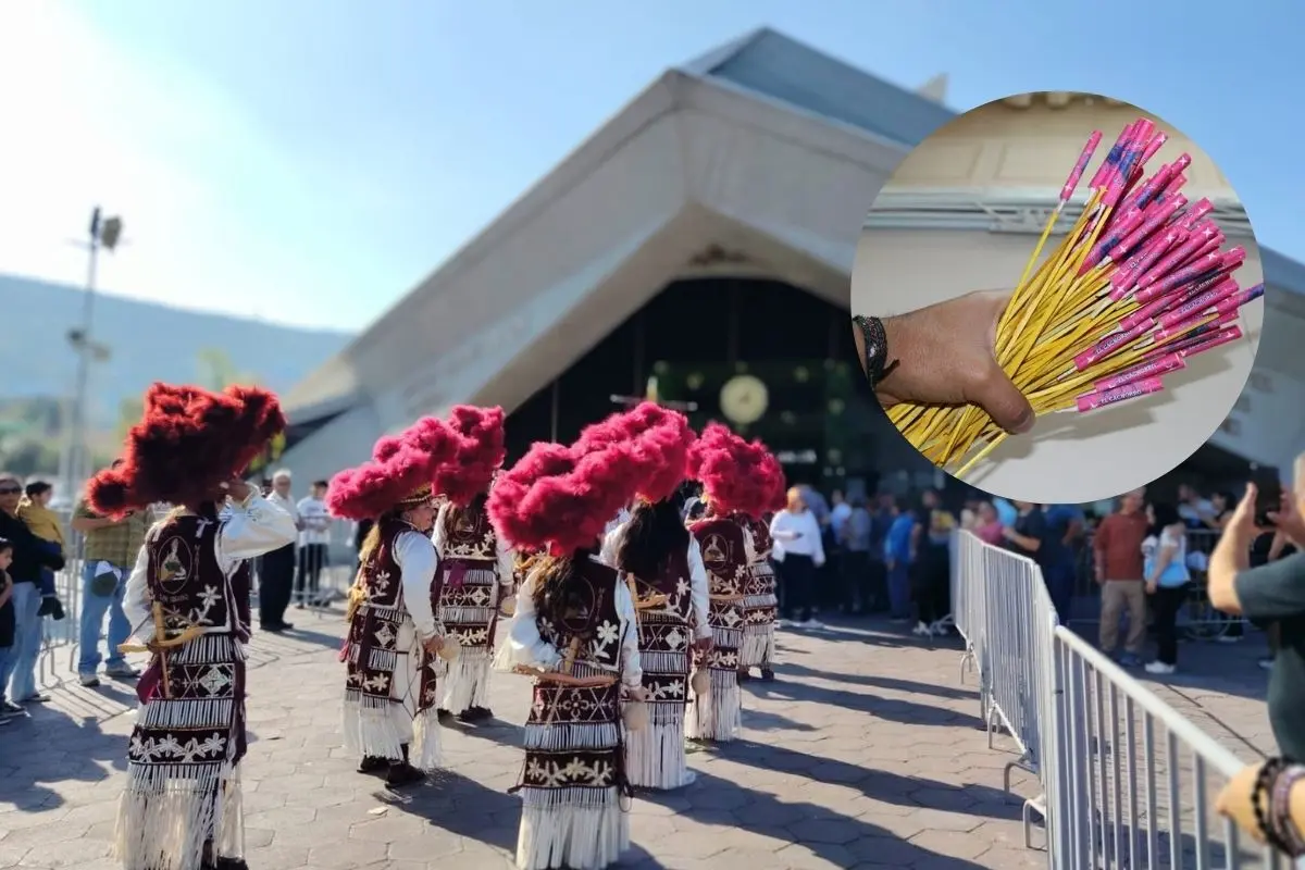 En la imagen un grupo de matlachines ingresa al Santuario de la Virgen d Guadalupe, en la colonia Independencia, de Monterrey.  Foto: Facebook Parroquia San Genaro Obispo y Mártir - Página Oficial / YouTube PIROTECNIA CASERA