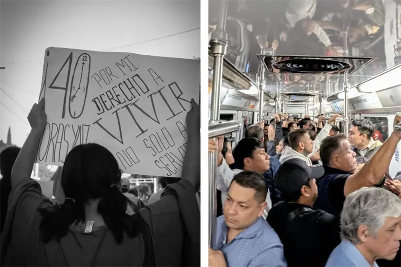 imagen recuadro Las personas pasan varias horas en el transporte público de camino a sus trabajos y de regreso a sus hogares. Foto: @yoxlas40horas/ Paola Atziri