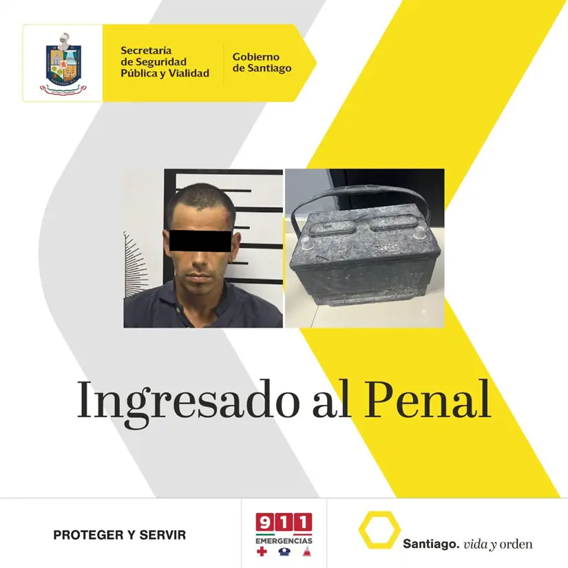Ficha compartida por la Secretaría de Seguridad Pública del municipio de Santiago sobre la detención del hombre y la batería robada. Foto: Secretaría de Seguridad Pública de Santiago