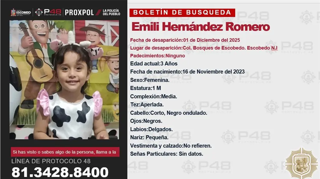 Desaparece la niña Emili Hernández Romero, de 3 años, en Escobedo