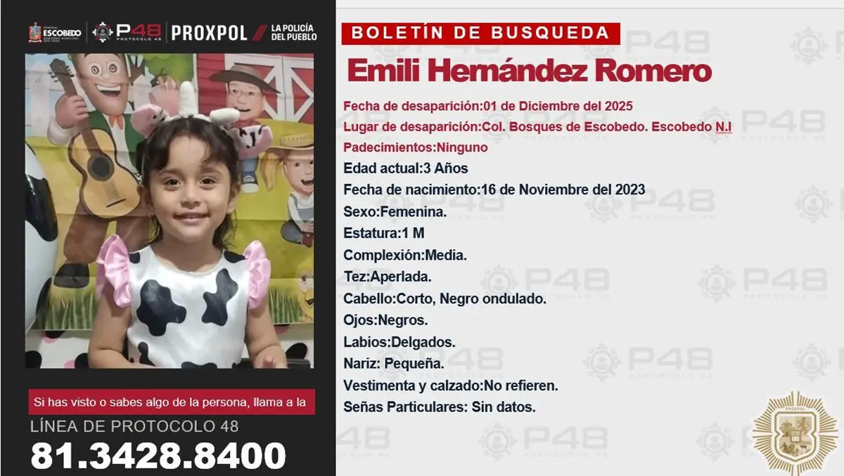 La niña Emili Hernández Romero, de 3 años, es reportada desaparecida desde el pasado 1 de diciembre en la colonia Bosques de Escobedo. Foto: Facebook Secretaría de Seguridad Ciudadana - General Escobedo