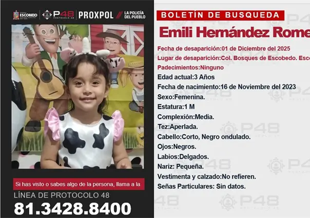 Desaparece la niña Emili Hernández Romero, de 3 años, en Escobedo