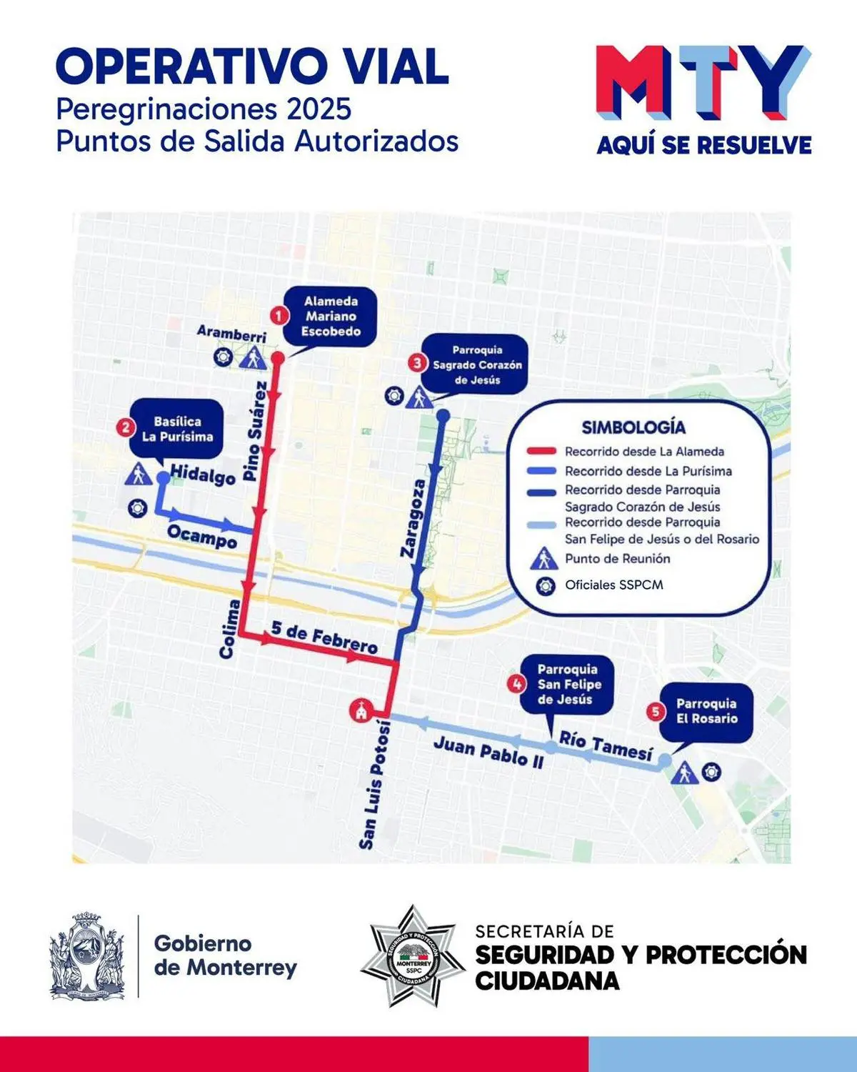 El Gobierno de Monterrey presentó el mapa de los recorridos autorizados para las peregrinaciones con motivo de la celebración de la Virgen de Guadalupe. Foto: Gobierno de Monterrey