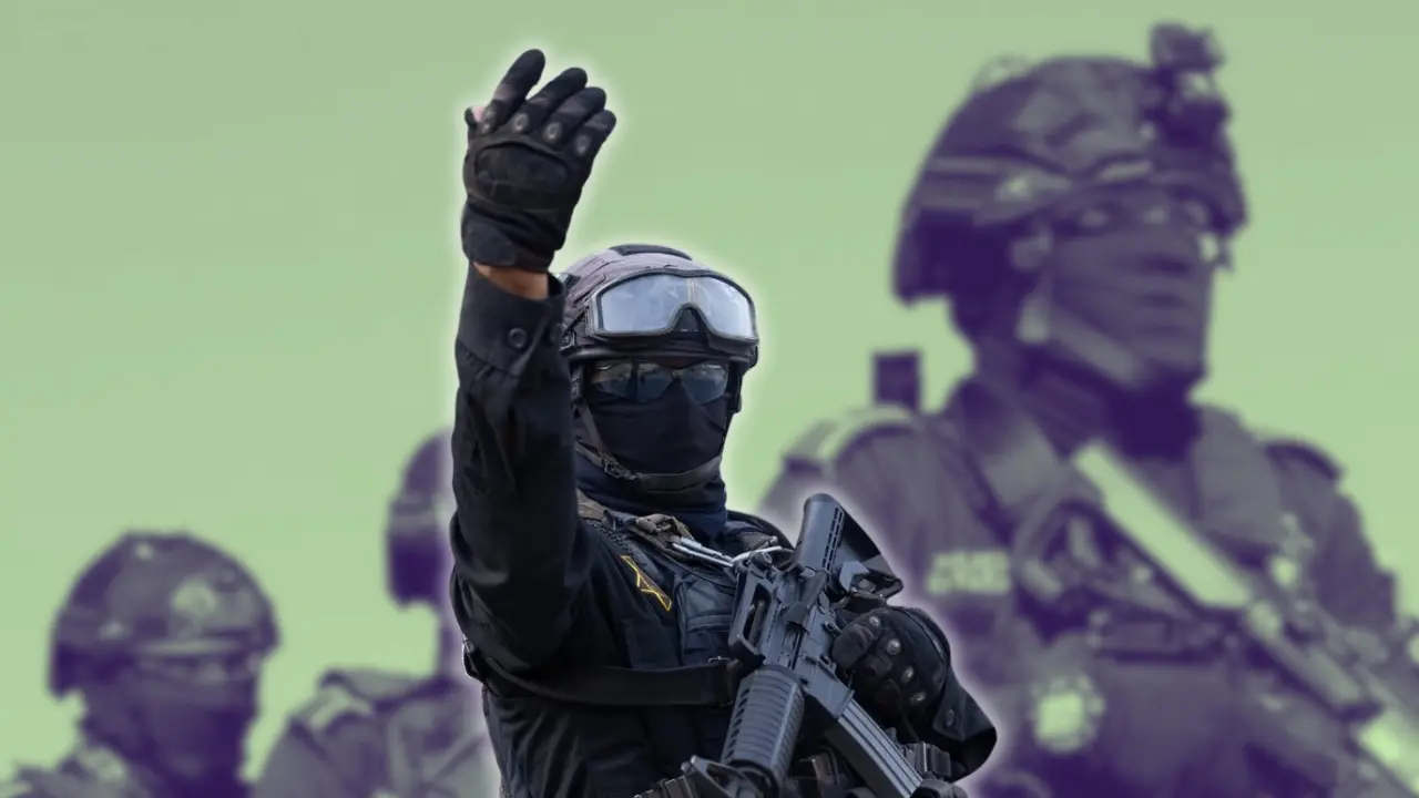 Un elemento de Fuerza Civil Nuevo León. Foto: Composición Canva