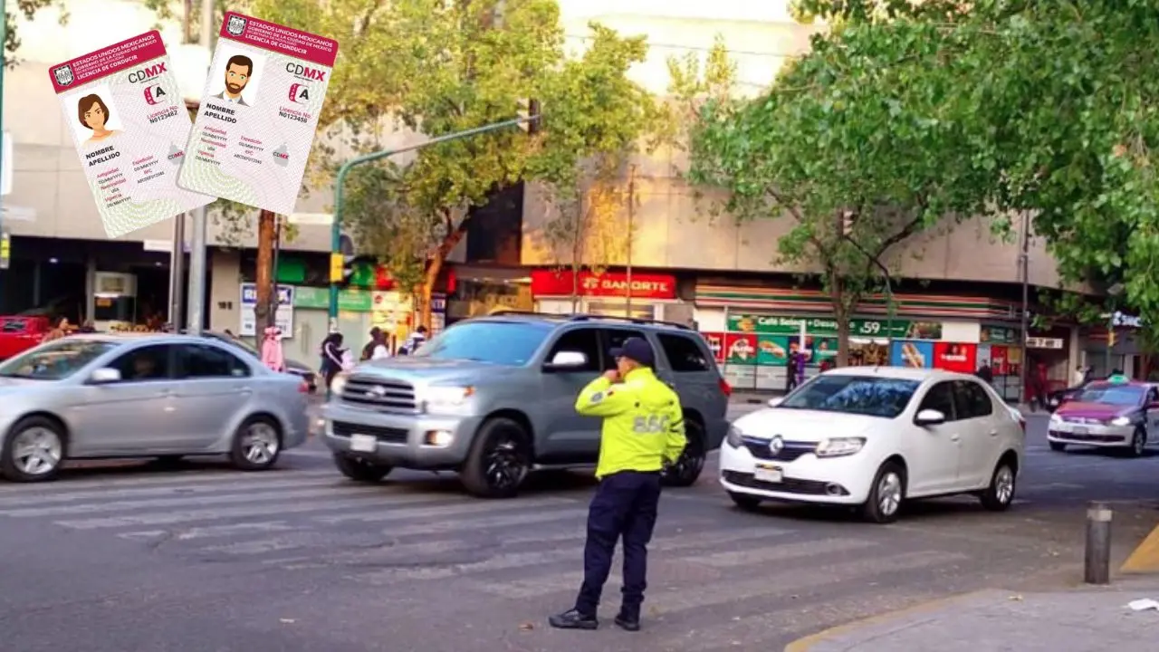 Automóviles circulando en CDMX, policía de tránsito capitalino, licencia de conducir    Foto: X (OVIAL_CDMX) | Semovi | Canva
