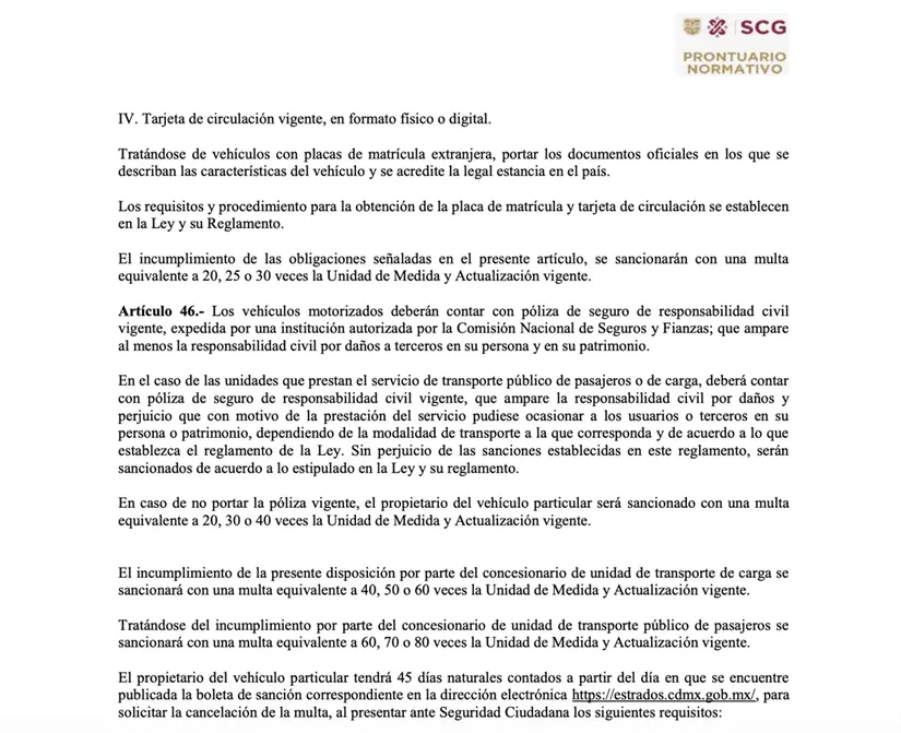 Artículo 46 del Reglamento de Transito específica el seguro de auto   Foto: Reglamento de Transito CDMX