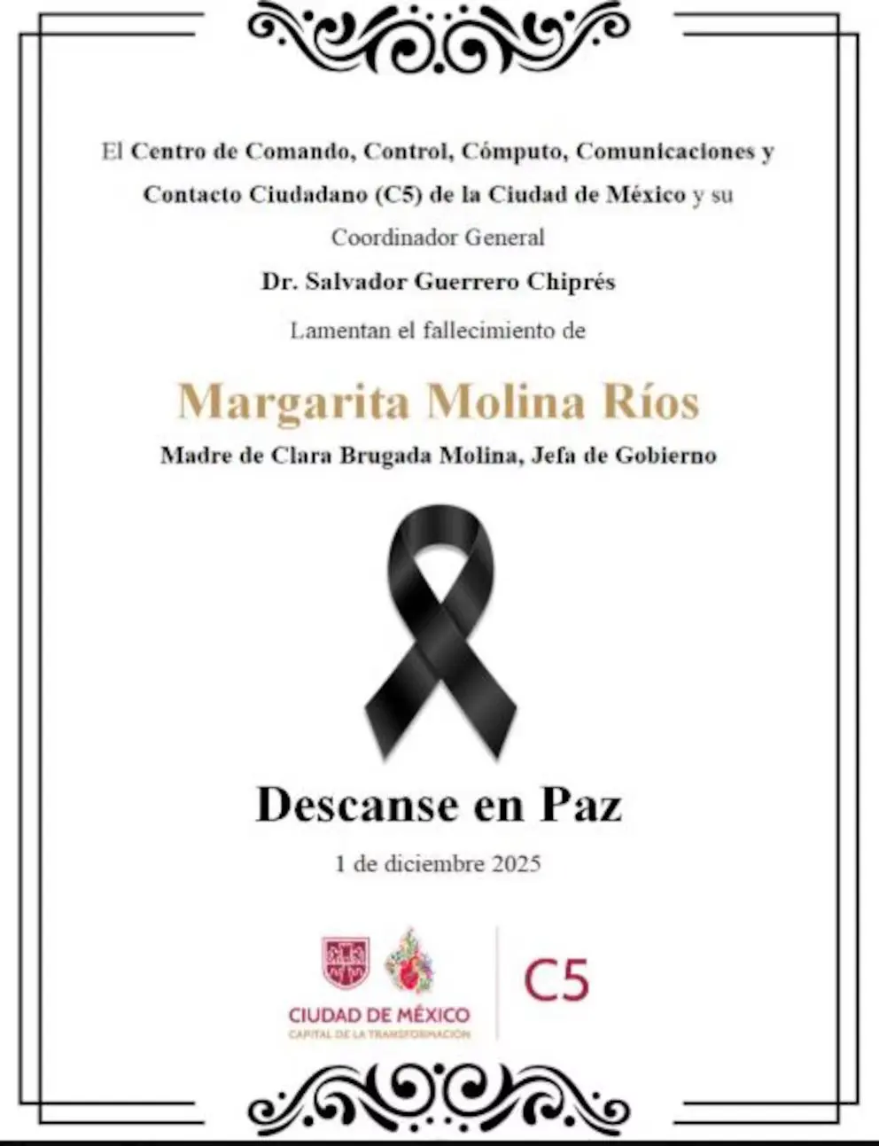 imagen recuadro Condolencias de Salvador Guerrero Chiprés a Clara Brugada. Foto: @guerrerochipres