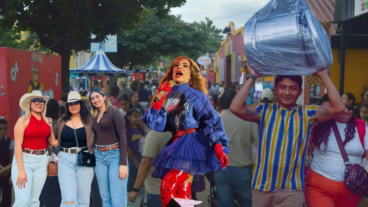 Al fondo, uno de los pasillos del recinto ferial de Xmatkuil luce abarrotado de gente. Al frente, aspectos de los asistentes y la presentación de Gloria Trevi.- Fuente Feria Yucatán
