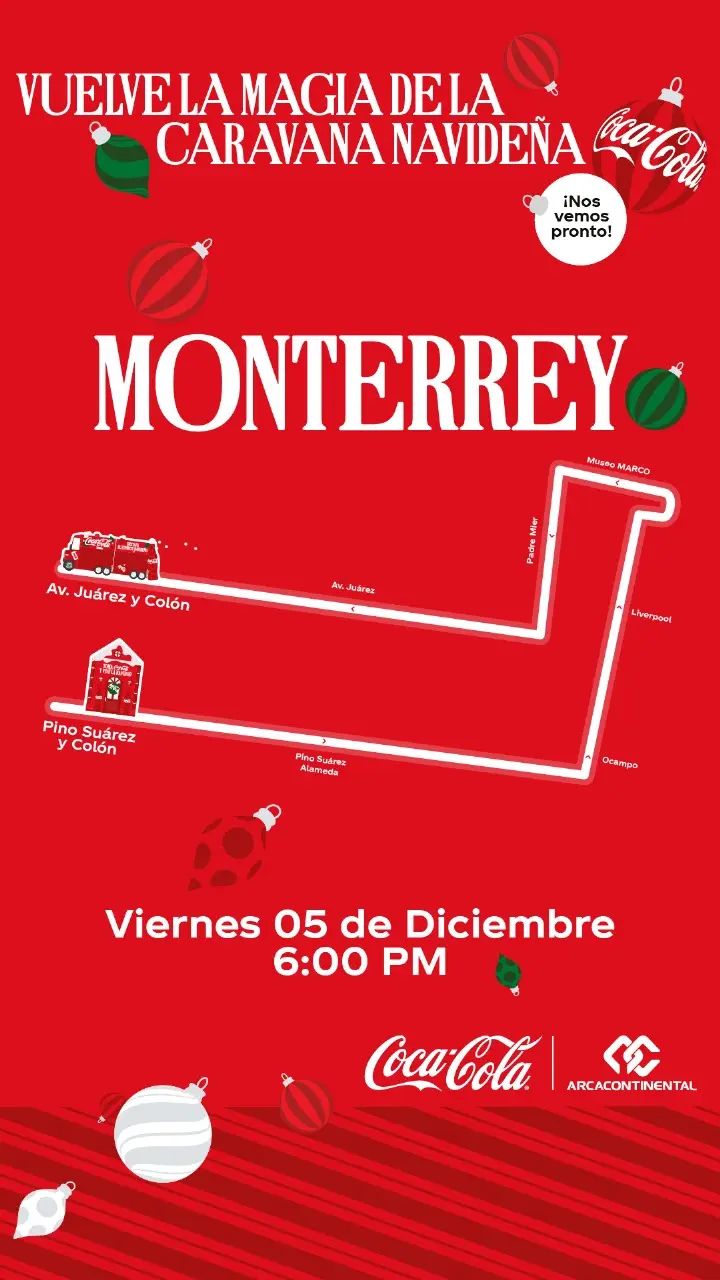 La Caravana Navideña Coca-Cola 2025 dio a conocer la ruta que llevará el próximo 5 de diciembre en la ciudad de Monterrey, Nuevo León. Foto: Arca Continental