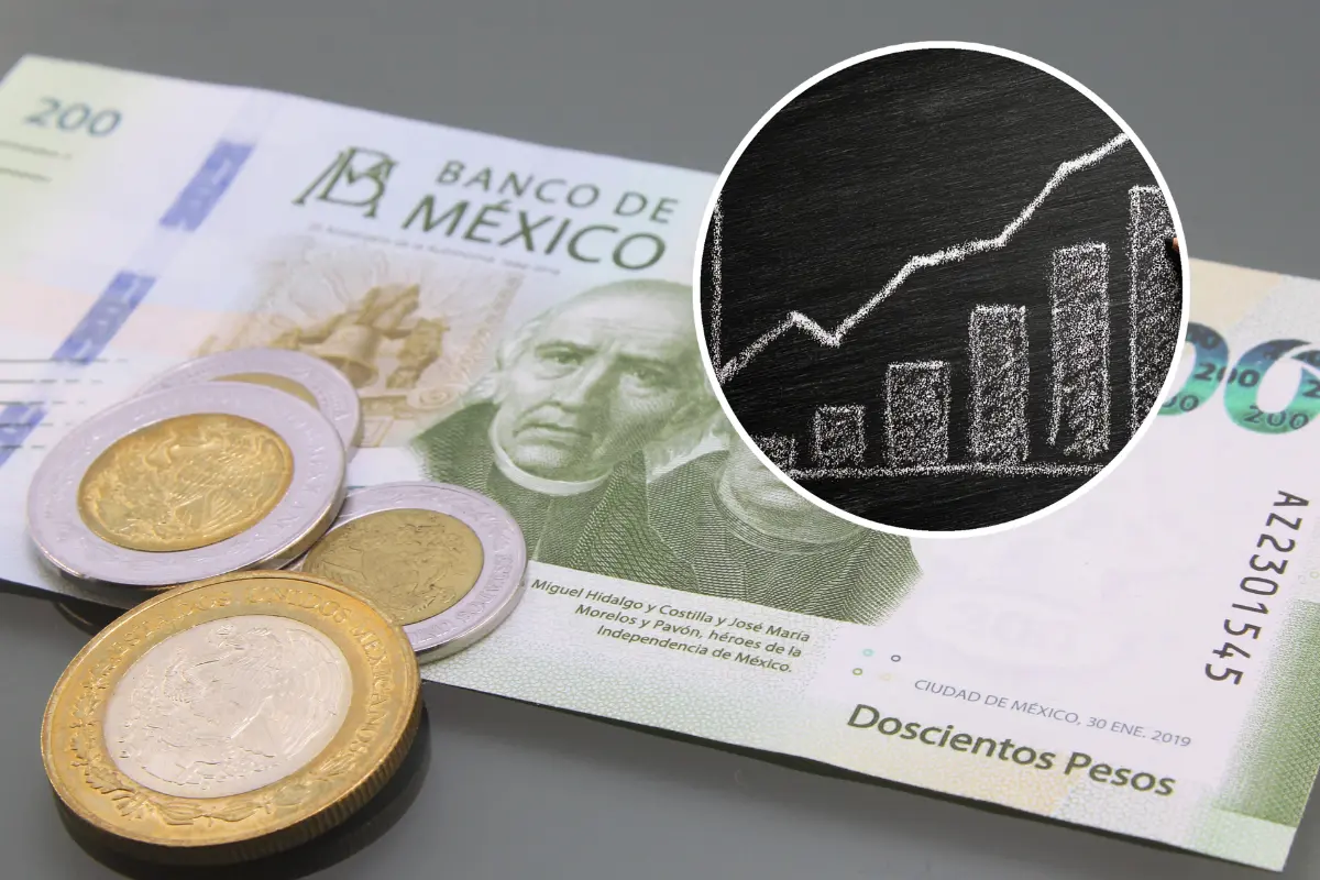 Billete de doscientos pesos mexicanos y monedas de diversas denominaciones, más dibujo de gráfica en aumento. Foto: Canva