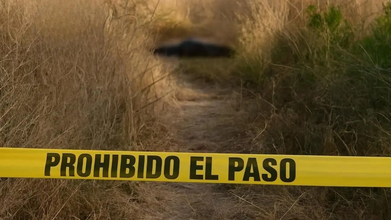 Cinta de seguridad con la leyenda PROHIBIDO EL PASO en una zona de pastizales secos, indicando el sitio del hallazgo. Foto: Especial.