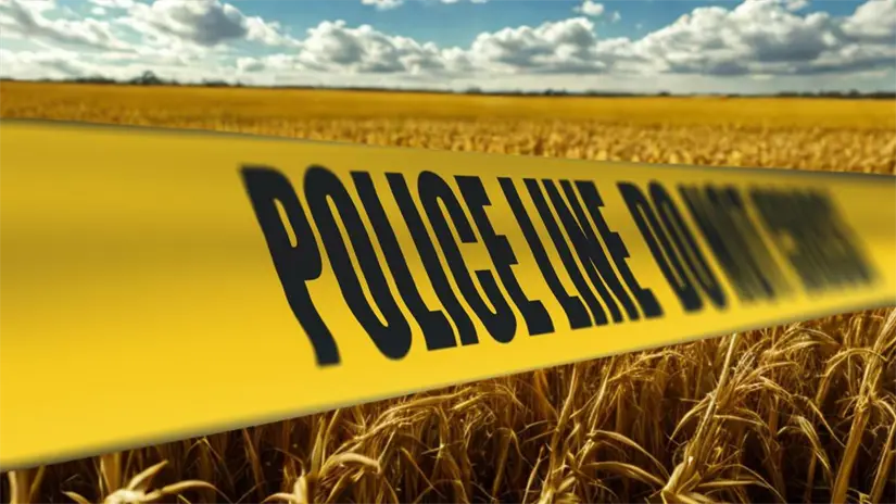 Cinta de seguridad amarilla de la policía acordonando una zona en un campo. Foto: Canva