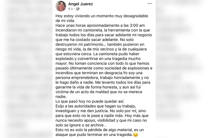 Un emprendedor en Monterrey enfrenta la pérdida de su camioneta incendiada, lo que genera clamor en redes sociales por justicia. Foto: Facebook