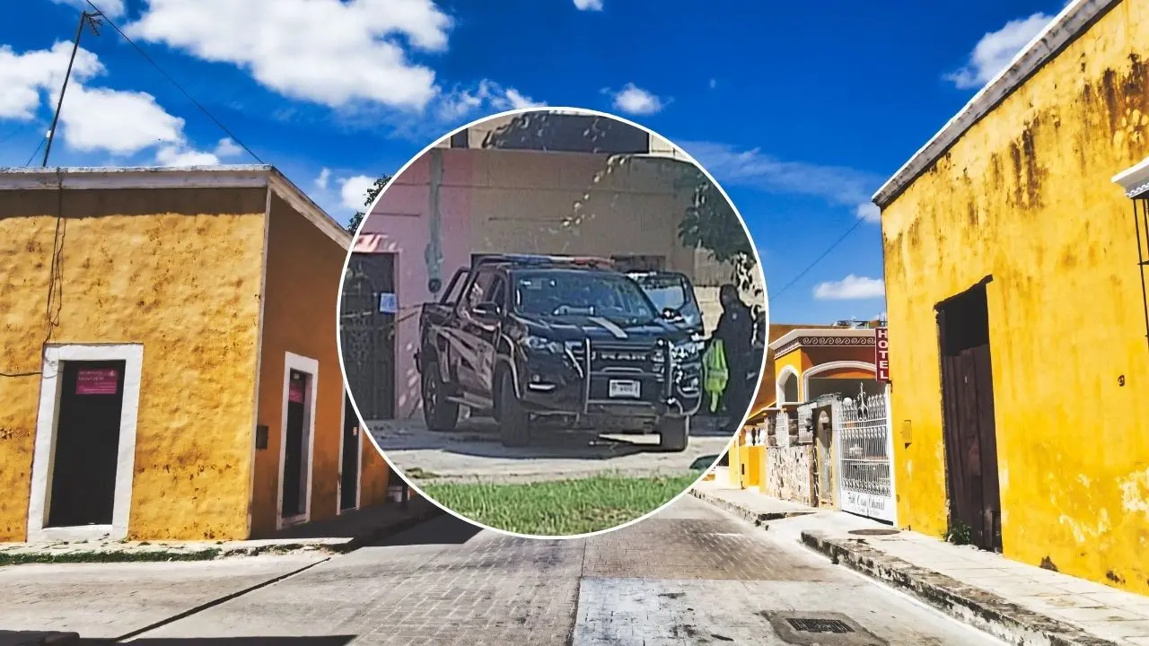 Al fondo, una de las calles de Izamal con las casas pintadas del amarillo característico del poblado. Al frente, imagen del lugar donde ocurrió en feminicidio.- Fuente La Crónica Peninsular y Canva