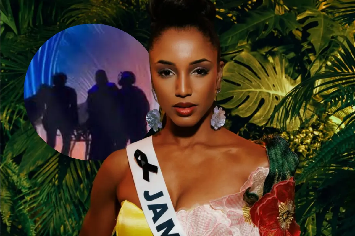 Gabrielle Henry, Miss Jamaica, posando para una fotografía y un recuadro de su accidente al caer del escenario (Foto: IG @missuniverse, @officialgabriellehenry / Canva)