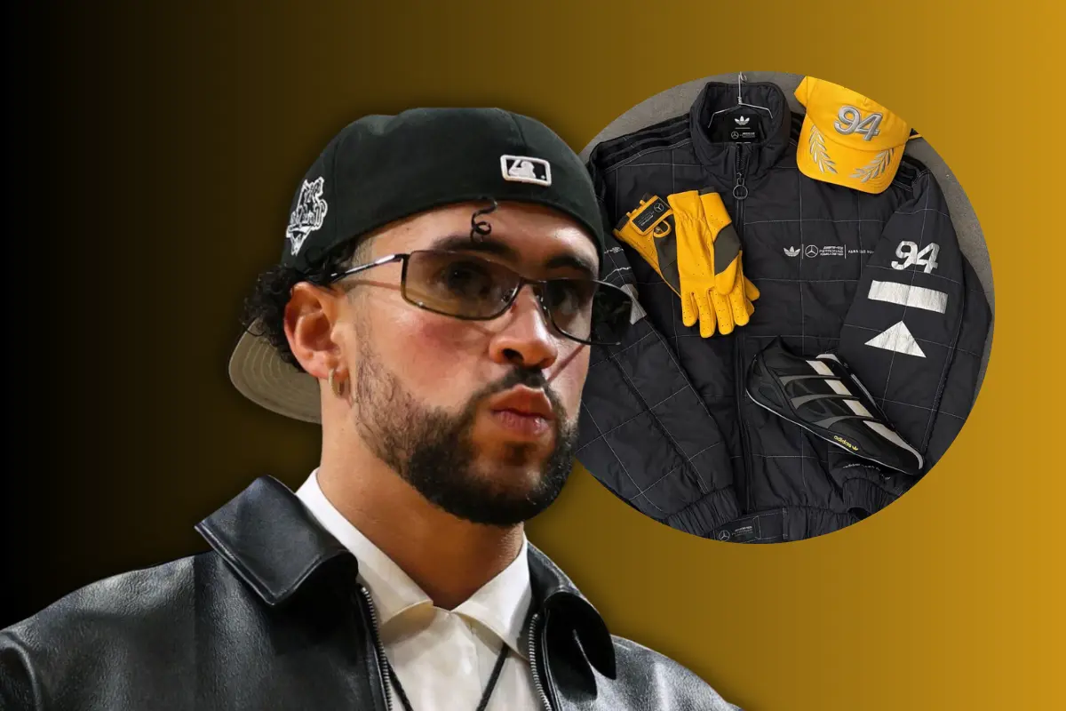 Bad Bunny en evento público con un recuadro de su colaboración con adidas (Foto: IG @badbunny / Web, adidas.com / Canva)