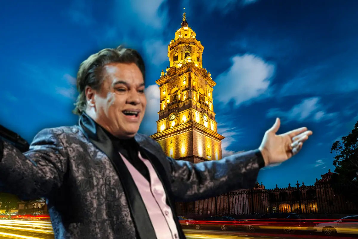 Juan Gabriel en concierto con un fondo de una iglesia de Michoacán (Foto: IG @soyjuangabriel / Canva)