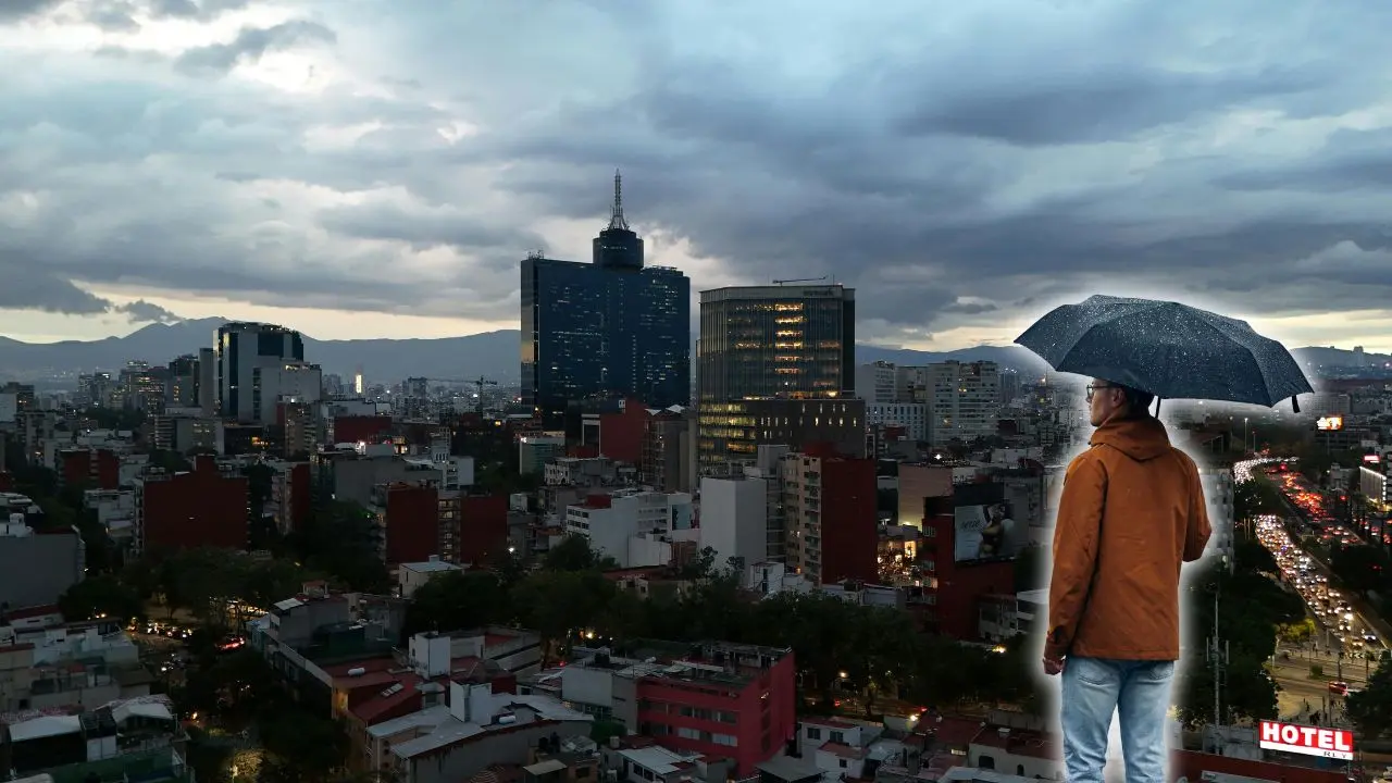 Vista aérea de la CDMX, persona con paraguas por lluvia.   Foto: Canva