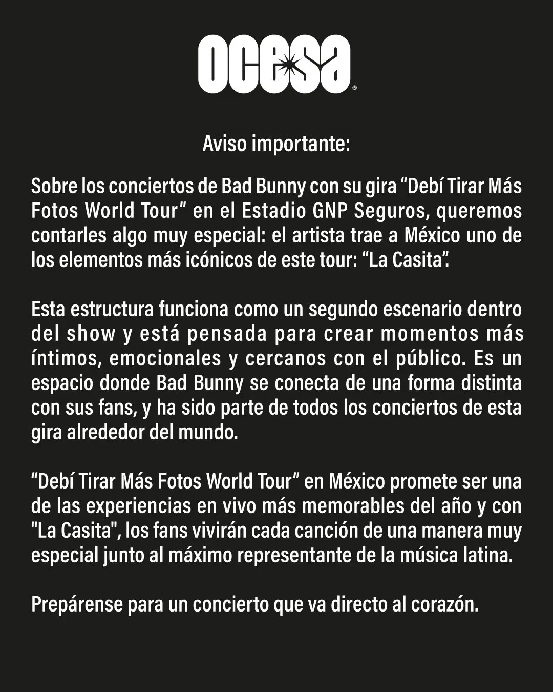 Comunicado de Ocesa sobre el concierto de Bad Bunny en la CDMX. Foto: X @ocesa_total