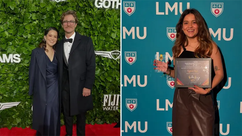 Regina Ríos en la alfombra roja de los Gotham Awards 2025, evento donde fue seleccionada en el Focus Features Student Short Film Showcase / A la derecha, la cineasta posa con los premios otorgados por la School of Film and Television de LMU por su proyecto de tesis. Foto: Regina Rios