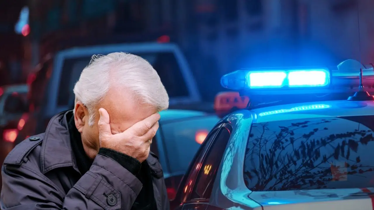 Hombre angustiado junto a una patrulla policial. Foto: Canva