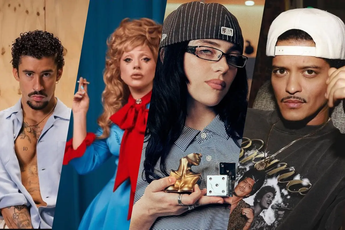 Bad Bunny, Lady Gaga, Bruno Mars y Billie Eilish se encuentran entre los artistas más escuchados en el Spotify Wrapped. FOTO: CANVA/Spotify/IG: @badbunny, musictrendscol, billieeilishtour y brunomarsfans