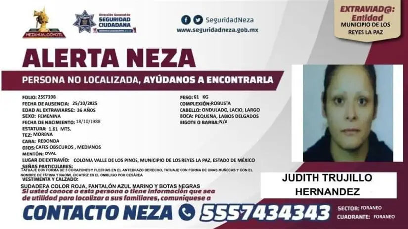 Tarjeta de información sobre la desaparición de Judith Hernández.